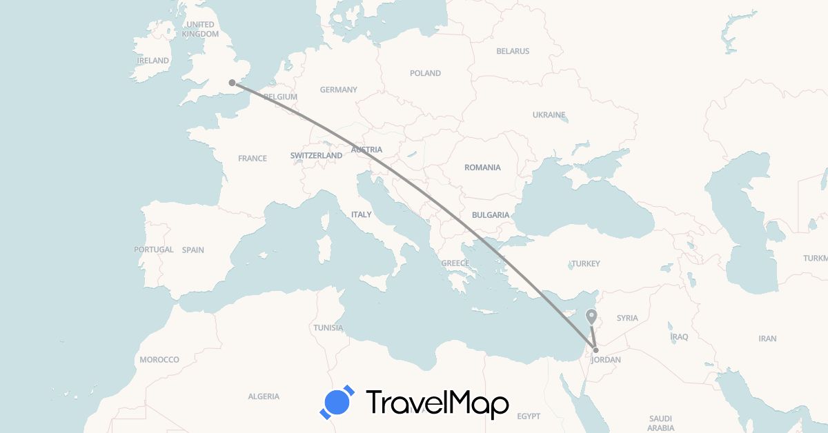 TravelMap itinerary: driving, plane in United Kingdom, Jordan, Lebanon (Asia, Europe)