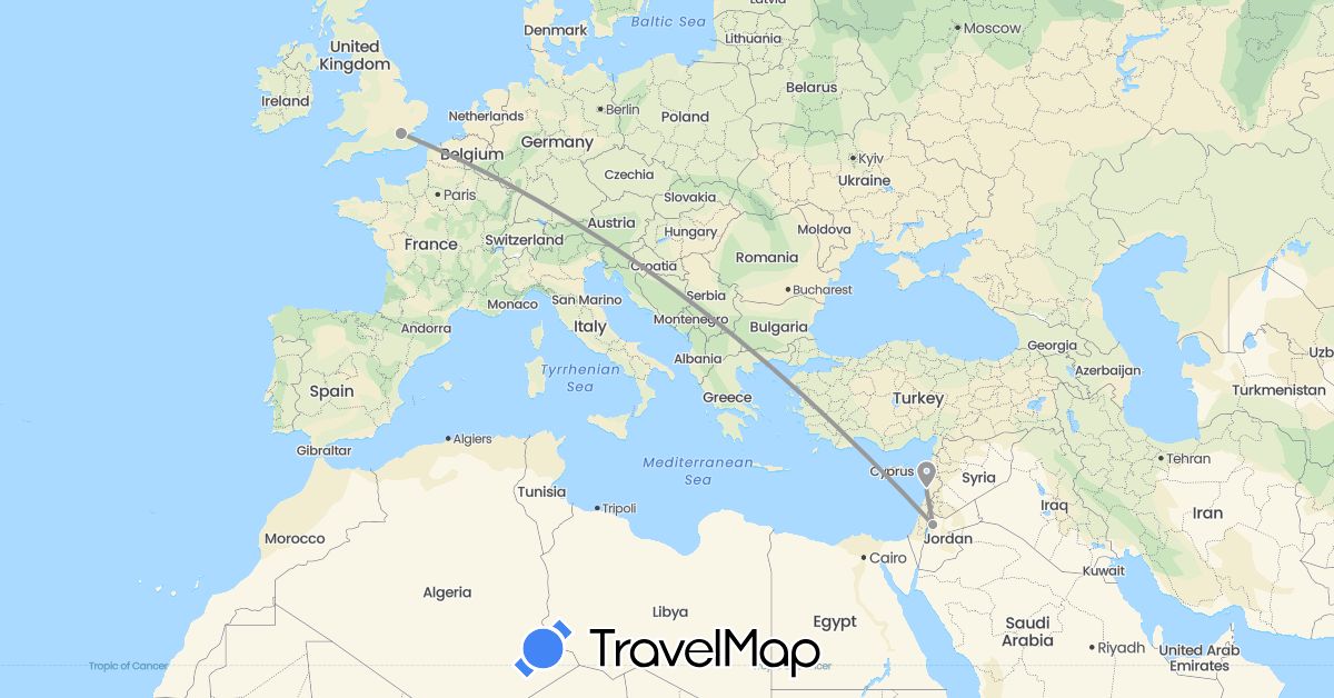 TravelMap itinerary: driving, plane in United Kingdom, Jordan, Lebanon (Asia, Europe)
